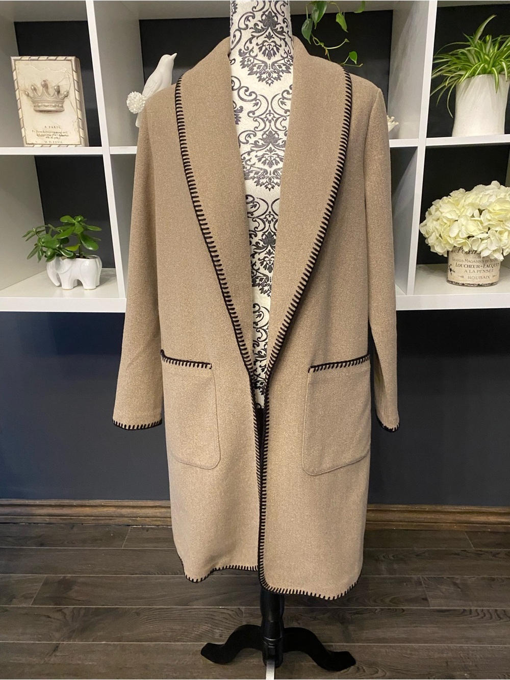 Beautiful Joïe Camel Open Front Coatigan with Black Trim Size M
